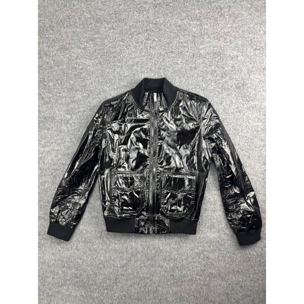 R13 Lambskin Leather Jacket Women's M Black Patent Full Zip Pockets Mock Neck